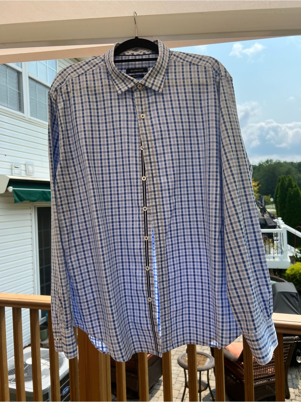 100% cotton Bugatchi Blue and White Checked Dress Shirt - Men's